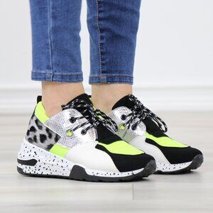 Multicolor Chunky Sneakers Neon Yellow Silver Animal Print Rugged Sole